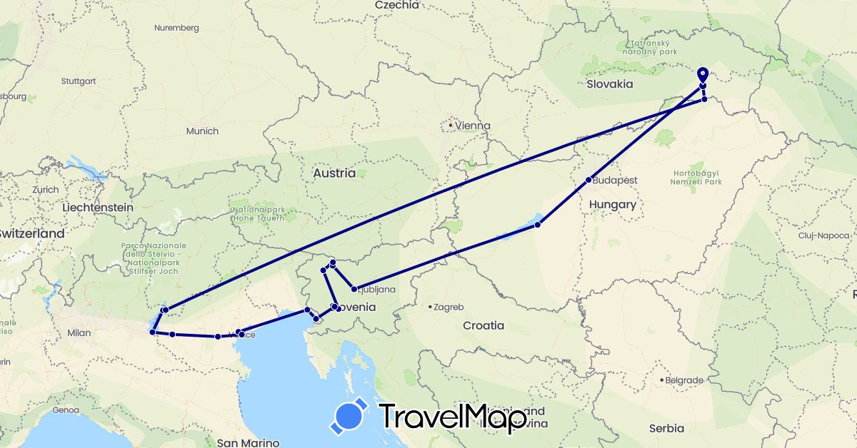 TravelMap itinerary: driving in Hungary, Italy, Slovenia, Slovakia (Europe)